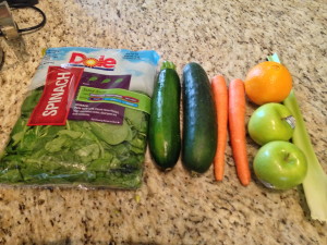 My wife's juice recipe: 1 bag spinach, 1 zucchini, 1 cucumber, 2 carrots, 1 orange, 2 apples